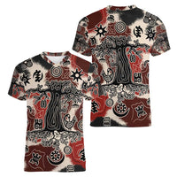 Sacred Heritage Women V-Neck T-Shirt African Abstract Baobab Tree, Ethnic Symbols, and Red-Black Pattern - Wonder Print Shop