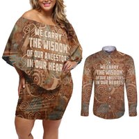 We Carry The Wisdom Couples Matching Off Shoulder Short Dress and Long Sleeve Button Shirt African Ancient Symbols, Earthy Tones, and Ancestral Wisdom Quote - Wonder Print Shop