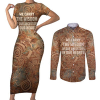 We Carry The Wisdom Couples Matching Short Sleeve Bodycon Dress and Long Sleeve Button Shirt African Ancient Symbols, Earthy Tones, and Ancestral Wisdom Quote - Wonder Print Shop