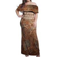 We Carry The Wisdom Off Shoulder Maxi Dress African Ancient Symbols, Earthy Tones, and Ancestral Wisdom Quote - Wonder Print Shop