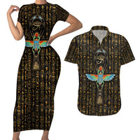 Ancient Pride Couples Matching Short Sleeve Bodycon Dress and Hawaiian Shirt African Hieroglyphic Pattern, Eye of Horus, and Sacred Scarab Symbol - Wonder Print Shop