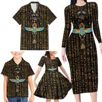 Ancient Pride Family Matching Long Sleeve Bodycon Dress and Hawaiian Shirt African Hieroglyphic Pattern, Eye of Horus, and Sacred Scarab Symbol - Wonder Print Shop
