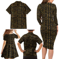 Ancient Pride Family Matching Long Sleeve Bodycon Dress and Hawaiian Shirt African Hieroglyphic Pattern, Eye of Horus, and Sacred Scarab Symbol - Wonder Print Shop