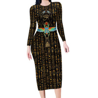 Ancient Pride Family Matching Long Sleeve Bodycon Dress and Hawaiian Shirt African Hieroglyphic Pattern, Eye of Horus, and Sacred Scarab Symbol - Wonder Print Shop