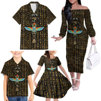 Ancient Pride Family Matching Off The Shoulder Long Sleeve Dress and Hawaiian Shirt African Hieroglyphic Pattern, Eye of Horus, and Sacred Scarab Symbol - Wonder Print Shop
