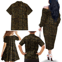 Ancient Pride Family Matching Off The Shoulder Long Sleeve Dress and Hawaiian Shirt African Hieroglyphic Pattern, Eye of Horus, and Sacred Scarab Symbol - Wonder Print Shop