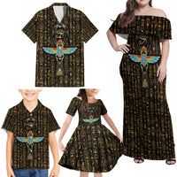 Ancient Pride Family Matching Off Shoulder Maxi Dress and Hawaiian Shirt African Hieroglyphic Pattern, Eye of Horus, and Sacred Scarab Symbol - Wonder Print Shop