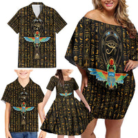 Ancient Pride Family Matching Off Shoulder Short Dress and Hawaiian Shirt African Hieroglyphic Pattern, Eye of Horus, and Sacred Scarab Symbol - Wonder Print Shop