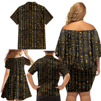 Ancient Pride Family Matching Off Shoulder Short Dress and Hawaiian Shirt African Hieroglyphic Pattern, Eye of Horus, and Sacred Scarab Symbol - Wonder Print Shop