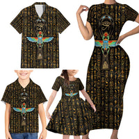 Ancient Pride Family Matching Short Sleeve Bodycon Dress and Hawaiian Shirt African Hieroglyphic Pattern, Eye of Horus, and Sacred Scarab Symbol - Wonder Print Shop