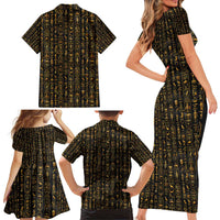 Ancient Pride Family Matching Short Sleeve Bodycon Dress and Hawaiian Shirt African Hieroglyphic Pattern, Eye of Horus, and Sacred Scarab Symbol - Wonder Print Shop