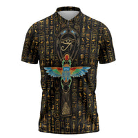 Ancient Pride Zipper Polo Shirt African Hieroglyphic Pattern, Eye of Horus, and Sacred Scarab Symbol - Wonder Print Shop