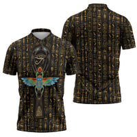 Ancient Pride Zipper Polo Shirt African Hieroglyphic Pattern, Eye of Horus, and Sacred Scarab Symbol - Wonder Print Shop