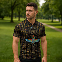 Ancient Pride Zipper Polo Shirt African Hieroglyphic Pattern, Eye of Horus, and Sacred Scarab Symbol - Wonder Print Shop
