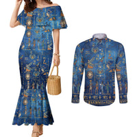 Echoes of Kemet Couples Matching Mermaid Dress and Long Sleeve Button Shirt African Pharaohs, Anubis and Symbolic Motifs - Wonder Print Shop