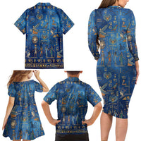 Echoes of Kemet Family Matching Long Sleeve Bodycon Dress and Hawaiian Shirt African Pharaohs, Anubis and Symbolic Motifs - Wonder Print Shop
