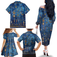 Echoes of Kemet Family Matching Off The Shoulder Long Sleeve Dress and Hawaiian Shirt African Pharaohs, Anubis and Symbolic Motifs - Wonder Print Shop