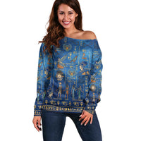 Echoes of Kemet Off Shoulder Sweater African Pharaohs, Anubis and Symbolic Motifs - Wonder Print Shop
