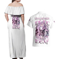 Stuck Between Idk Idc And IDGAF Skull Couples Matching Off Shoulder Maxi Dress and Hawaiian Shirt - Wonder Print Shop