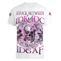 Stuck Between Idk Idc And IDGAF Skull Women V Neck T Shirt - Wonder Print Shop