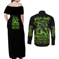 Walk Away I Have Anger Issues Couples Matching Off Shoulder Maxi Dress and Long Sleeve Button Shirt - Wonder Print Shop