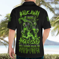 Black button-up Hawaiian shirt with neon-green back graphic and smoke effect text