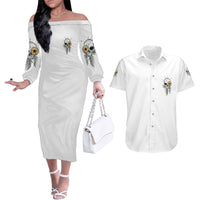 She Is Sunshine Skull Sunflower Couples Matching Off The Shoulder Long Sleeve Dress and Hawaiian Shirt - Wonder Print Shop