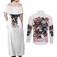 Love Me Like My Demons Do Skull Couples Matching Off Shoulder Maxi Dress and Long Sleeve Button Shirt - Wonder Print Shop