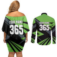 Custom Green Extreme Motocross Couples Matching Off Shoulder Short Dress and Long Sleeve Button Shirt Dirt Bike Rider Design - Wonder Print Shop