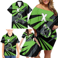 Custom Green Extreme Motocross Family Matching Off Shoulder Short Dress and Hawaiian Shirt Dirt Bike Rider Design - Wonder Print Shop