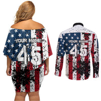 Custom American Flag Motocross Couples Matching Off Shoulder Short Dress and Long Sleeve Button Shirt with Eagle Graphic - Wonder Print Shop