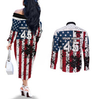 Custom American Flag Motocross Couples Matching Off The Shoulder Long Sleeve Dress and Long Sleeve Button Shirt with Eagle Graphic - Wonder Print Shop