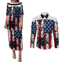 Custom American Flag Motocross Couples Matching Puletasi and Long Sleeve Button Shirt with Eagle Graphic - Wonder Print Shop