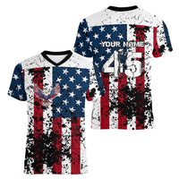 Custom American Flag Motocross Women V-Neck T-Shirt with Eagle Graphic - Wonder Print Shop