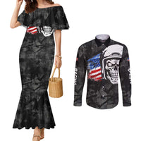 Custom American Flag Skull Motocross Couples Matching Mermaid Dress and Long Sleeve Button Shirt - Wonder Print Shop
