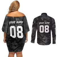 Custom American Flag Skull Motocross Couples Matching Off Shoulder Short Dress and Long Sleeve Button Shirt - Wonder Print Shop