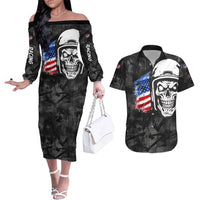 Custom American Flag Skull Motocross Couples Matching Off The Shoulder Long Sleeve Dress and Hawaiian Shirt - Wonder Print Shop