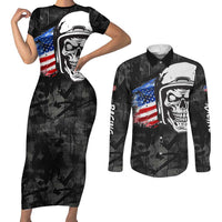 Custom American Flag Skull Motocross Couples Matching Short Sleeve Bodycon Dress and Long Sleeve Button Shirt - Wonder Print Shop