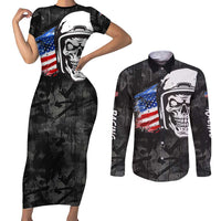 Custom American Flag Skull Motocross Couples Matching Short Sleeve Bodycon Dress and Long Sleeve Button Shirt - Wonder Print Shop