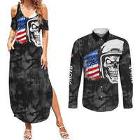 Custom American Flag Skull Motocross Couples Matching Summer Maxi Dress and Long Sleeve Button Shirt - Wonder Print Shop