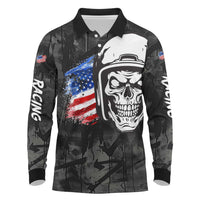 Custom American Flag Skull Motocross Long Sleeve Polo Shirt - Wonder Print Shop
