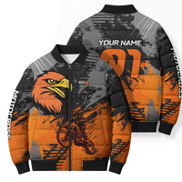 Custom MotoX Eagle Strike Motocross Bomber Puffer Jacket with Rider Silhouette and Orange Grunge Design - Wonder Print Shop