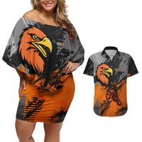 Custom MotoX Eagle Strike Motocross Couples Matching Off Shoulder Short Dress and Hawaiian Shirt with Rider Silhouette and Orange Grunge Design - Wonder Print Shop
