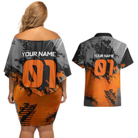 Custom MotoX Eagle Strike Motocross Couples Matching Off Shoulder Short Dress and Hawaiian Shirt with Rider Silhouette and Orange Grunge Design - Wonder Print Shop
