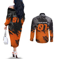 Custom MotoX Eagle Strike Motocross Couples Matching Off The Shoulder Long Sleeve Dress and Long Sleeve Button Shirt with Rider Silhouette and Orange Grunge Design - Wonder Print Shop