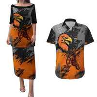 Custom MotoX Eagle Strike Motocross Couples Matching Puletasi and Hawaiian Shirt with Rider Silhouette and Orange Grunge Design - Wonder Print Shop