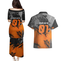 Custom MotoX Eagle Strike Motocross Couples Matching Puletasi and Hawaiian Shirt with Rider Silhouette and Orange Grunge Design - Wonder Print Shop