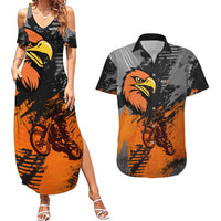 Custom MotoX Eagle Strike Motocross Couples Matching Summer Maxi Dress and Hawaiian Shirt with Rider Silhouette and Orange Grunge Design - Wonder Print Shop