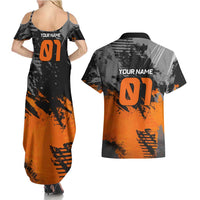 Custom MotoX Eagle Strike Motocross Couples Matching Summer Maxi Dress and Hawaiian Shirt with Rider Silhouette and Orange Grunge Design - Wonder Print Shop