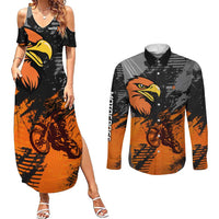Custom MotoX Eagle Strike Motocross Couples Matching Summer Maxi Dress and Long Sleeve Button Shirt with Rider Silhouette and Orange Grunge Design - Wonder Print Shop